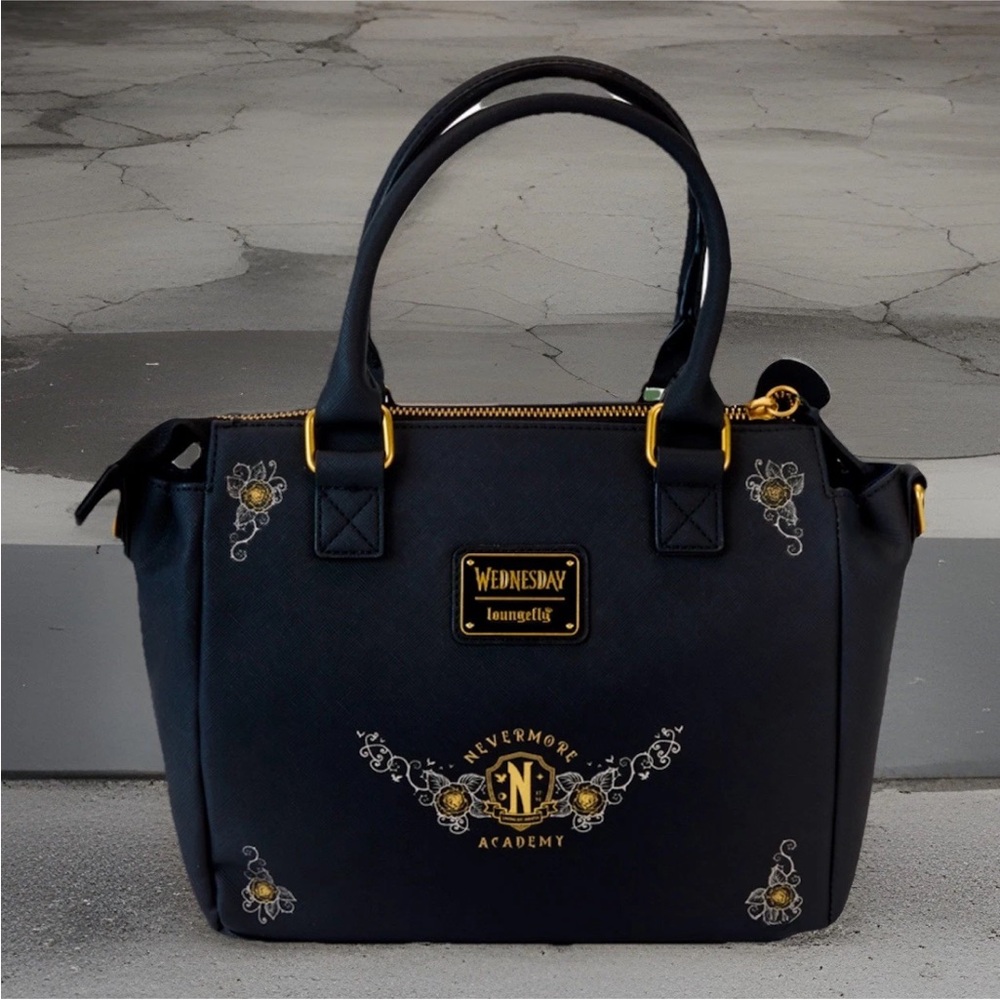 NEW Loungefly WEDNESDAY ADDAMS Typewriter Satchel Crossbody Bag Purse THING Tag - Picture 4 of 7